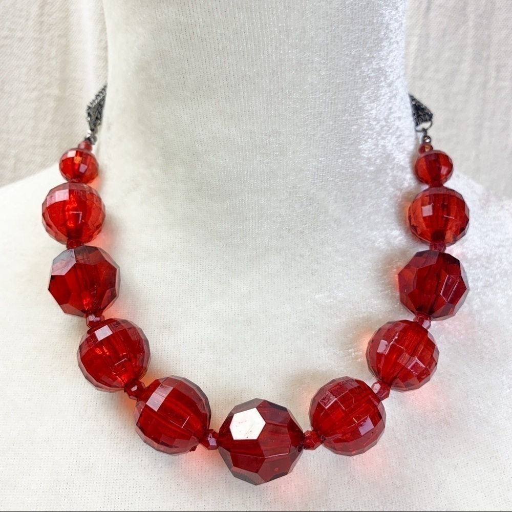 Red Faceted acrylic bead gunmetal chain necklace